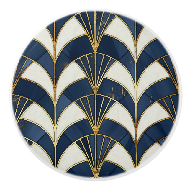 Pomo De Cerámica Patrón Art Deco Azul y Blanco (Anverso)