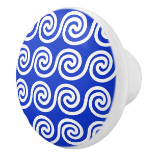 Pomo De Cerámica Patrón azul de las ondas de las teclas del meandro