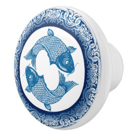 Pomo De Cerámica Patrón azul Koi Carp Fish Chinoiserie