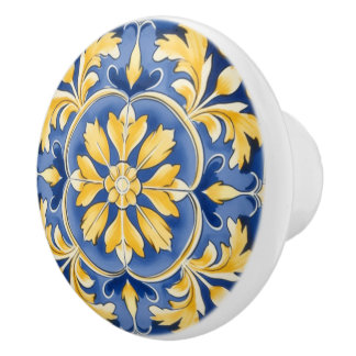 Pomo De Cerámica Patrón Botánico Mediterráneo - Azul y Amarillo
