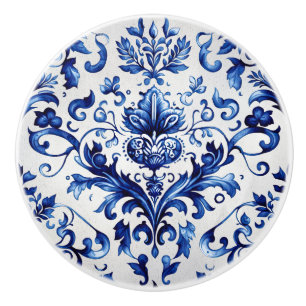 Pomo De Cerámica Patrón de adorno floral de estilo Delft azul y bla
