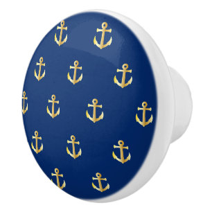 Pomo De Cerámica Patrón De Ancla Amarillo Oro De moda En Azul De M
