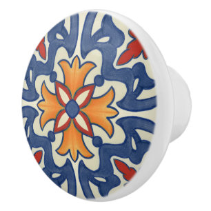 Pomo De Cerámica Patrón de Azulejos Portugués del Naranja Rojo Ve