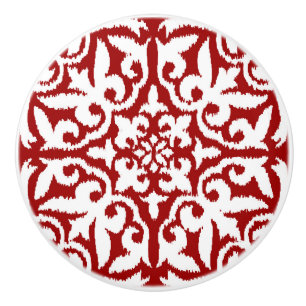 Pomo De Cerámica Patrón de damasco de Ikat - rojo oscuro y blanco