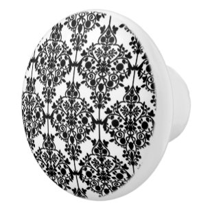 Pomo De Cerámica Patrón de Damasco en blanco y negro