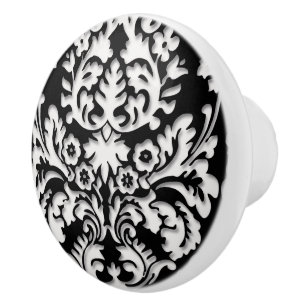Pomo De Cerámica Patrón de Damasco en blanco y negro