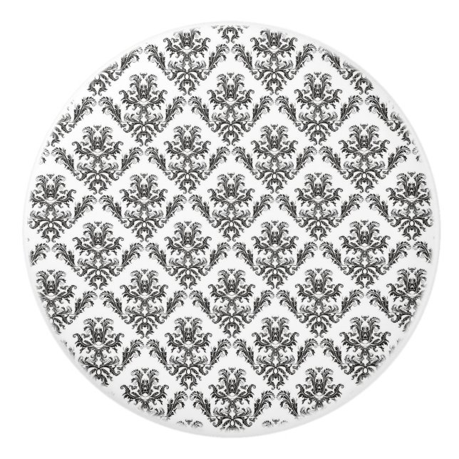 Pomo De Cerámica Patrón de Damask, Damasco francés, negro y blanco (Anverso)