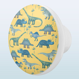 Pomo De Cerámica Patrón de dinosaurio divertido amarillo azul