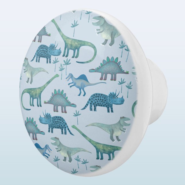 Pomo De Cerámica Patrón de dinosaurios divertidos azul (Fun dinosaur pattern ceramic pull or knob)