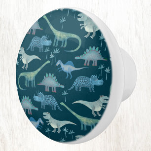 Pomo De Cerámica Patrón de dinosaurios divertidos azul verde Verde