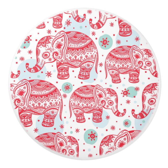 Pomo De Cerámica Patrón de elefantes étnicos rojos (Anverso)