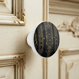 Pomo De Cerámica Patrón de estrellas celestes Art Déco doradas y lu