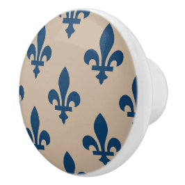 Pomo De Cerámica Patrón de Flor de Lis, Azul Real Francés sobre Cre