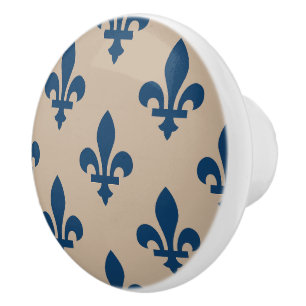 Pomo De Cerámica Patrón de Flor de Lis, Azul Real Francés sobre Cre