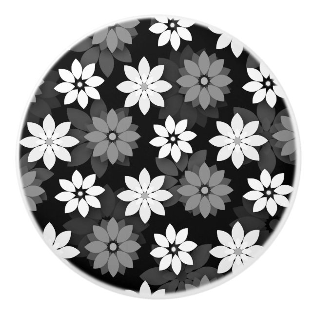 Pomo De Cerámica Patrón de flores sin soldadura en blanco y negro (Anverso)