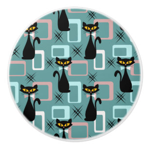 Pomo De Cerámica Patrón de gato negro de Mid Century