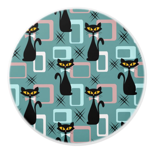 Pomo De Cerámica Patrón de gato negro de Mid Century (Anverso)