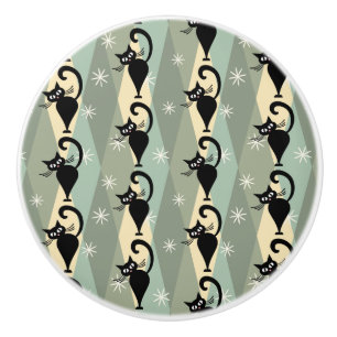 Pomo De Cerámica Patrón de gato negro de Mid Century