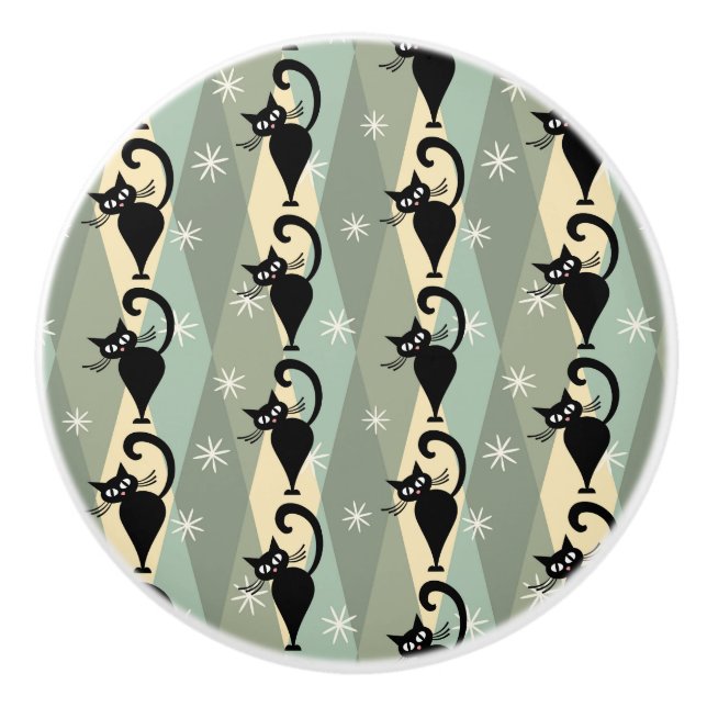 Pomo De Cerámica Patrón de gato negro de Mid Century (Anverso)