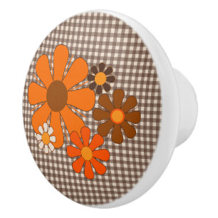 Pomo De Cerámica Patrón de Gingham Floral Floral Locus Retro 70