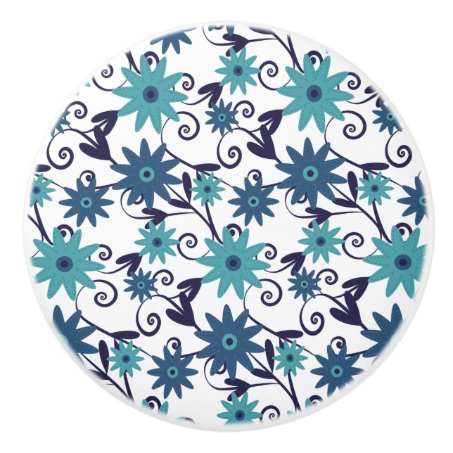 Pomo De Cerámica Patrón De Giro Floral Turquesa Azul (Anverso)