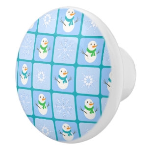 Pomo De Cerámica Patrón de invierno de snowman y copos de nieve