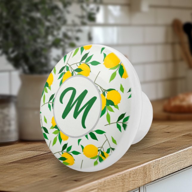 Pomo De Cerámica Patrón de limones y hojas con monograma  (Monogram Lemons and Leaves Artisan Ceramic Kitchen Knobs)