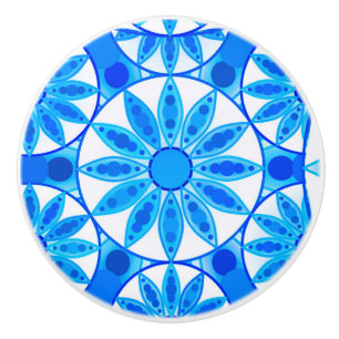 Pomo De Cerámica Patrón de Mandala, cobalto, turquesa y blanco