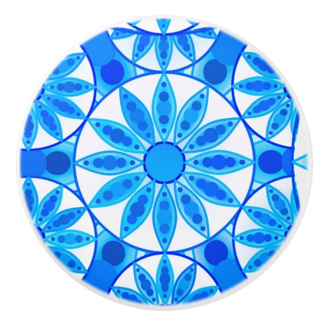 Pomo De Cerámica Patrón de Mandala, cobalto, turquesa y blanco (Anverso)