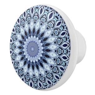 Pomo De Cerámica Patrón de Mandala de Caleidoscopio Azul y Blanco