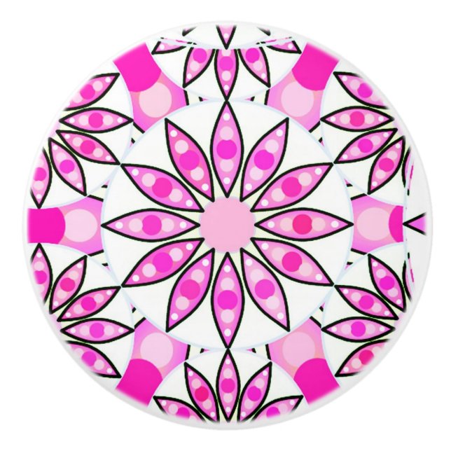 Pomo De Cerámica Patrón de Mandala, rosa caliente, negro y blanco (Anverso)