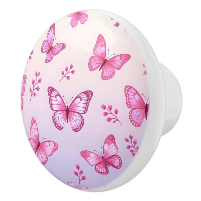 Pomo De Cerámica Patrón de mariposas y flores rosadas (Derecha)