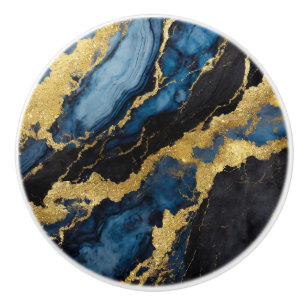 Pomo De Cerámica Patrón de mármol azul con oro