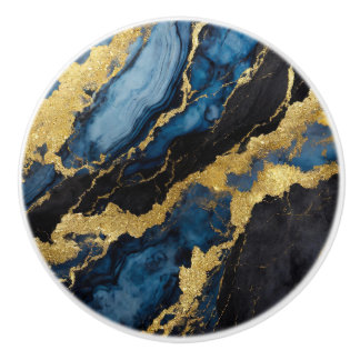 Pomo De Cerámica Patrón de mármol azul con oro