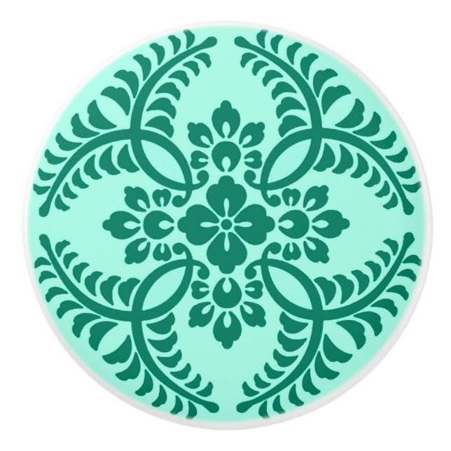 Pomo De Cerámica Patrón de medallón japonés, Aqua y Turquesa (Anverso)