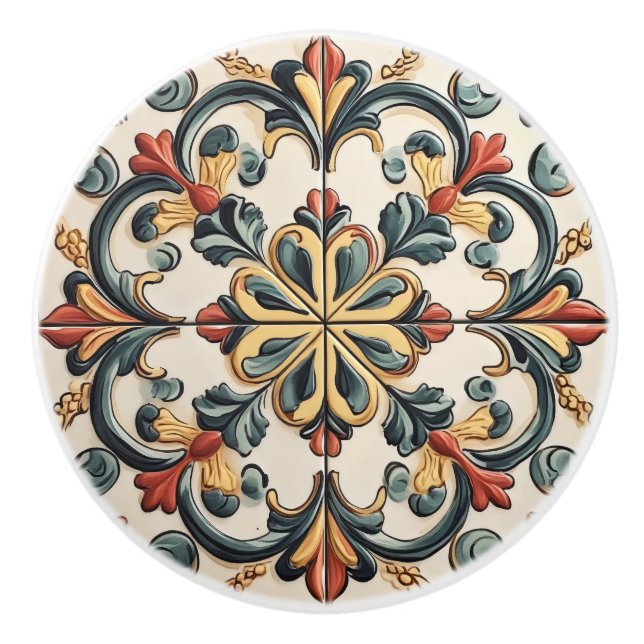 Pomo De Cerámica Patrón de mosaico floral claro (Anverso)
