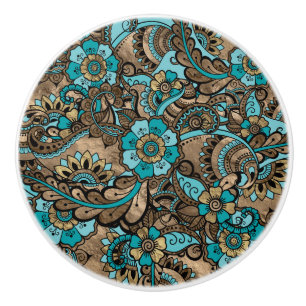 Pomo De Cerámica Patrón de paisley floral - verde azulado y dorado