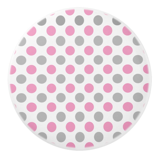Pomo De Cerámica Patrón de puntos de polka rosa y gris (Anverso)