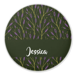 Pomo De Cerámica Patrón de ramas florales púrpura y verde