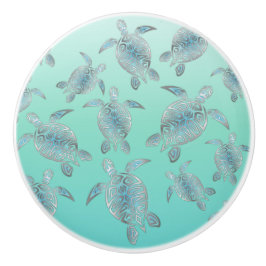 Pomo De Cerámica Patrón de tortugas marinas turquesas plateadas
