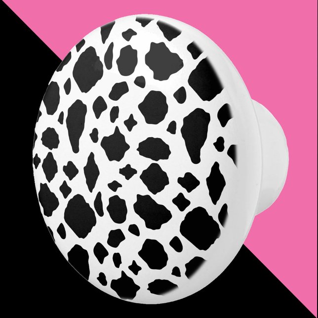 Pomo De Cerámica Patrón de Vaca Negro y Blanco Granja (A knob with a black and white cow pattern.)