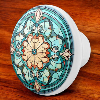Pomo De Cerámica Patrón de vidrio manchado victoriano Aqua Turquois
