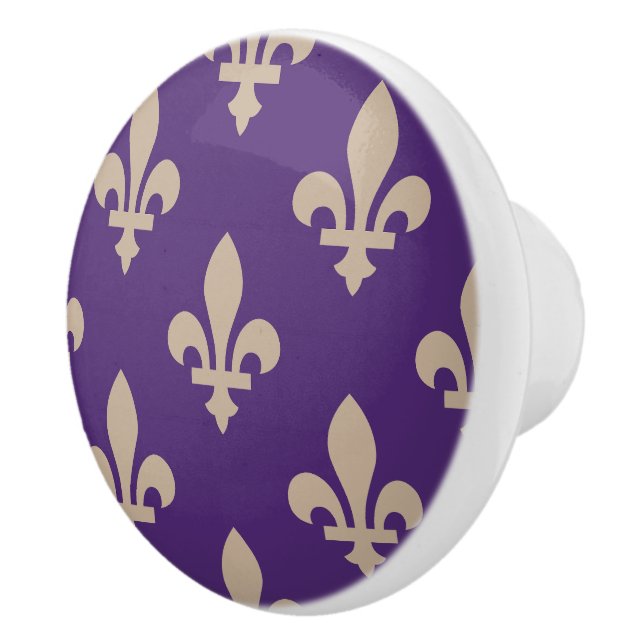 Pomo De Cerámica Patrón Fleur de Lis, crema francesa real en morado (Derecha)
