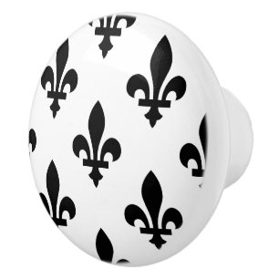 Pomo De Cerámica Patrón Fleur de Lis, francés real, negro sobre bla