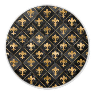 Pomo De Cerámica Patrón Fleur-de-lis Mármol Negro y Oro
