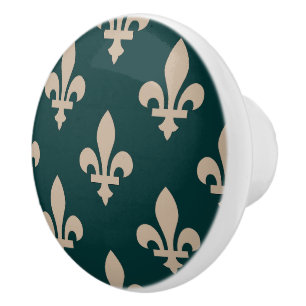 Pomo De Cerámica Patrón Flor de Lis, Crema Real Francesa sobre Verd