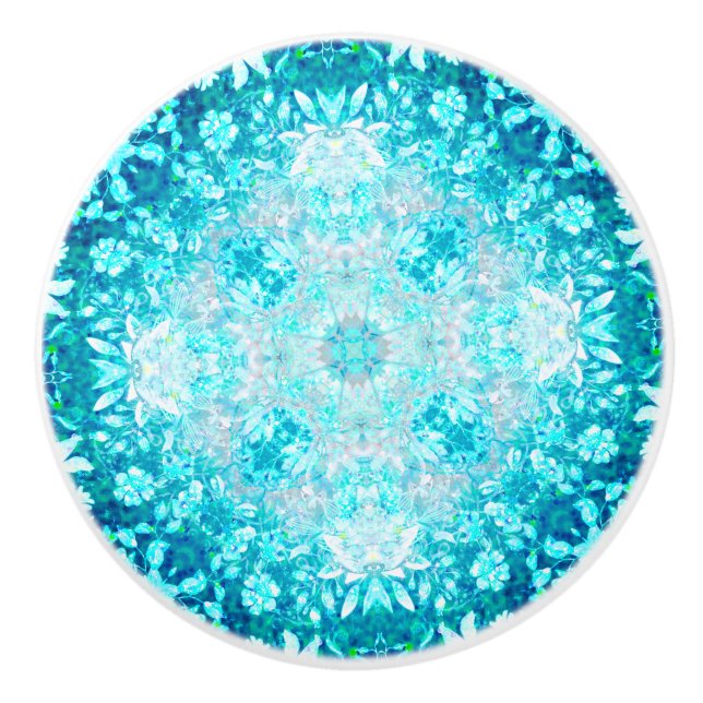 Pomo De Cerámica Patrón floral azul turquesa Aqua (Anverso)