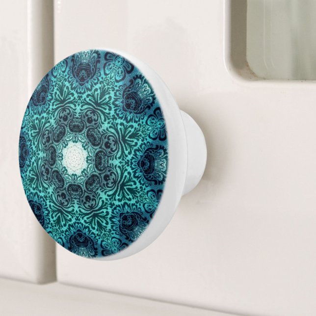 Pomo De Cerámica Patrón floral bohemio Mandala Turquesa Verde azula (Bohemian Mandala Floral Pattern Turquoise Teal Ceramic Knob)