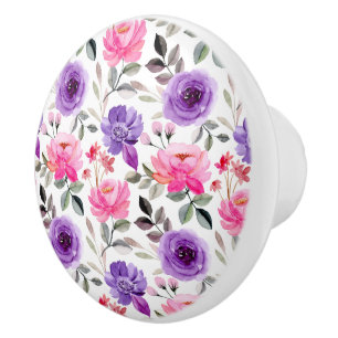 Pomo De Cerámica Patrón floral de acuarela vibrante en rosa y púrpu