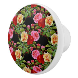 Pomo De Cerámica Patrón floral Flores Rosas Rojo Rosa Verde Amarill